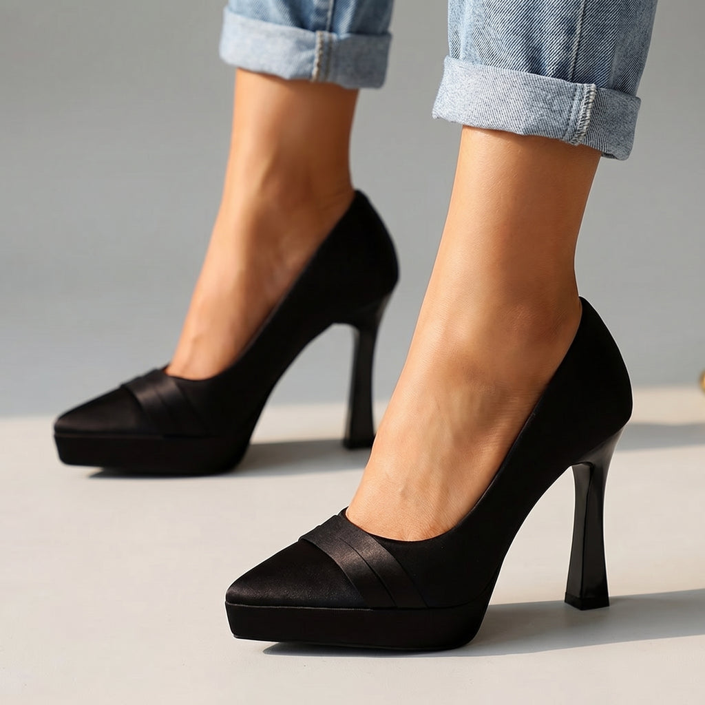 Valerie Satin Platform Pumps - Color:Black;Size:35