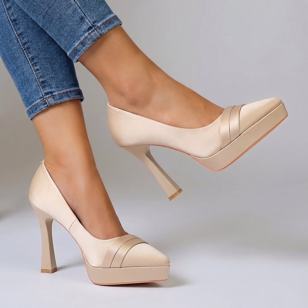 Valerie Satin Platform Pumps - Color:Champagne;Size:35