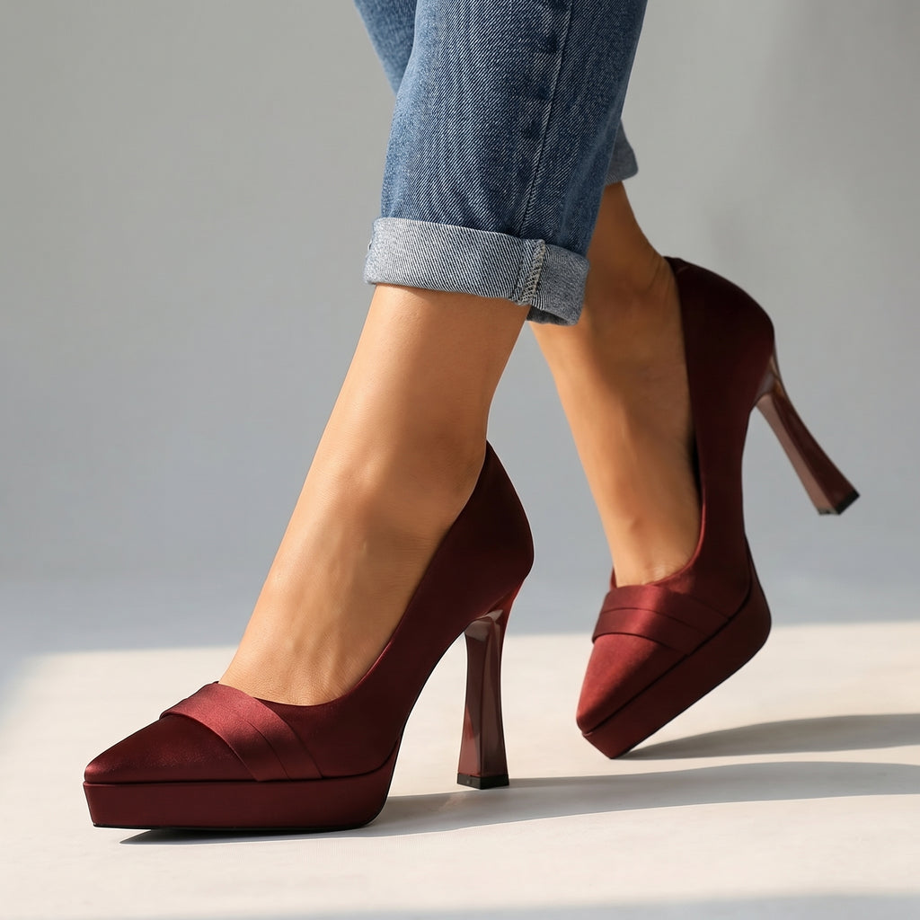 Valerie Satin Platform Pumps - Color:Wine Red;Size:35