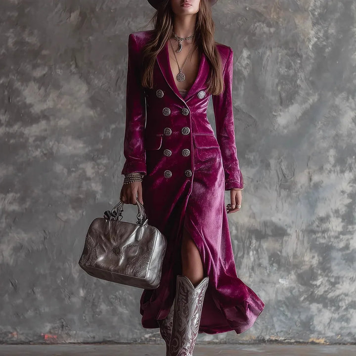 Valerie | Women's Vintage Longline Blazer Jacket - Color:Berry;Size:XS