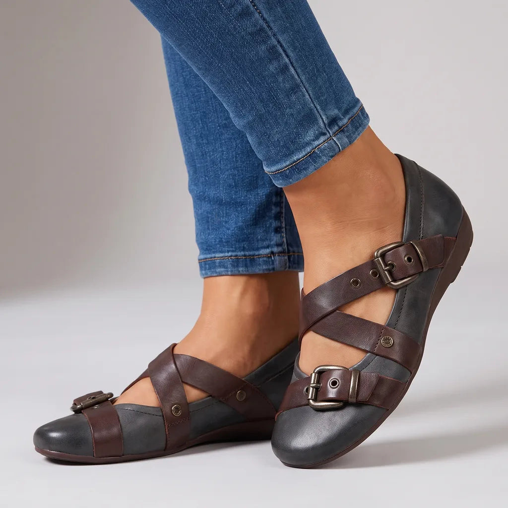 Vanessa | Women's Orthopedic Buckle Flats - Color:Black;Size:35