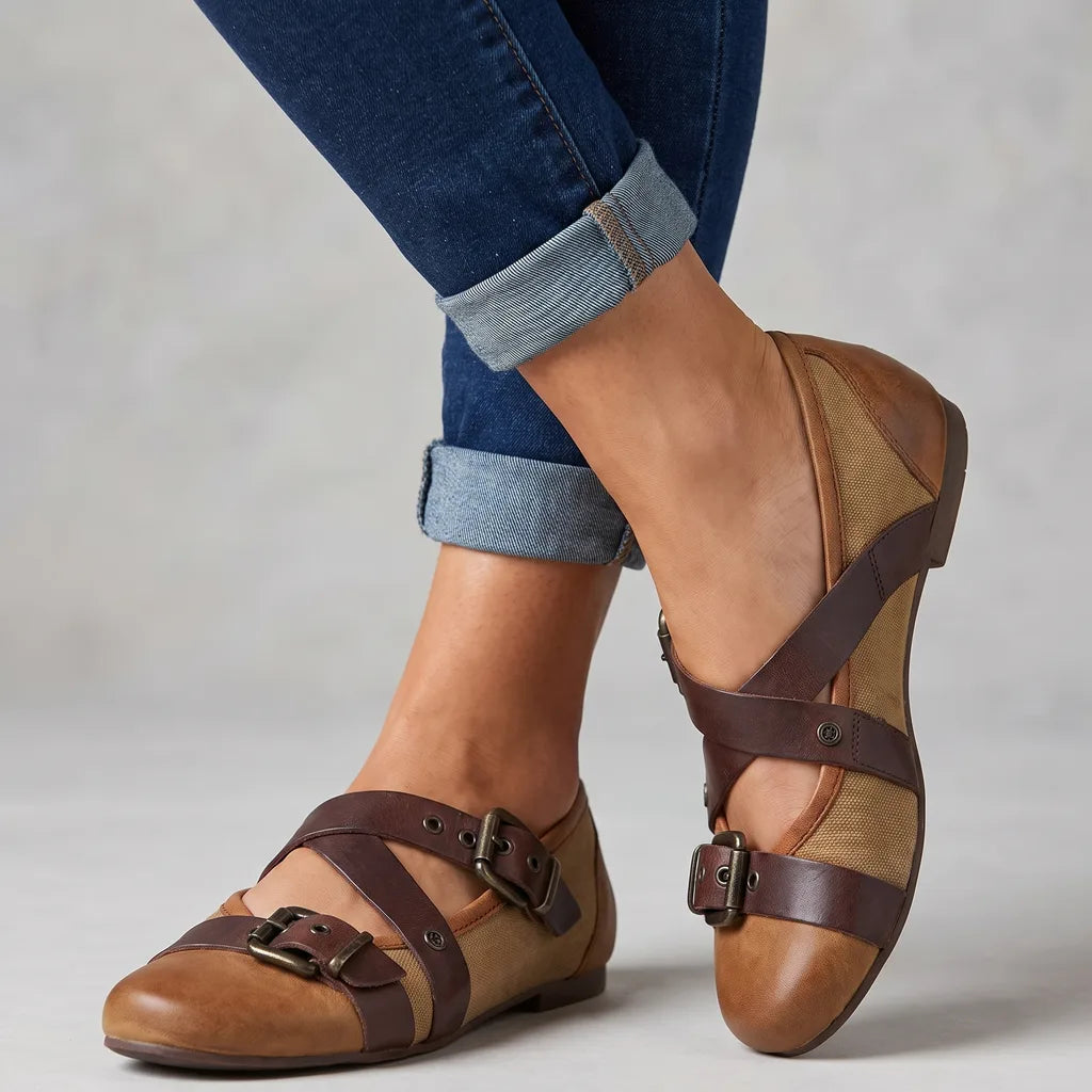 Vanessa | Women's Orthopedic Buckle Flats - Color:Brown;Size:35