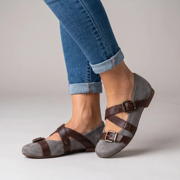 Vanessa | Women's Orthopedic Buckle Flats - Color:Gray;Size:35