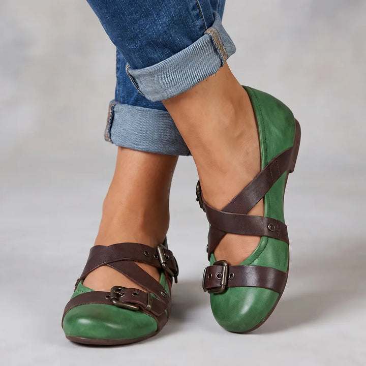 Vanessa | Women's Orthopedic Buckle Flats - Color:Green;Size:35