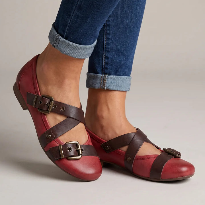 Vanessa | Women's Orthopedic Buckle Flats - Color:Red;Size:35