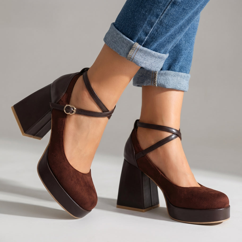 Velora Suede Strap Heels - Color:Dark Brown;Size:35