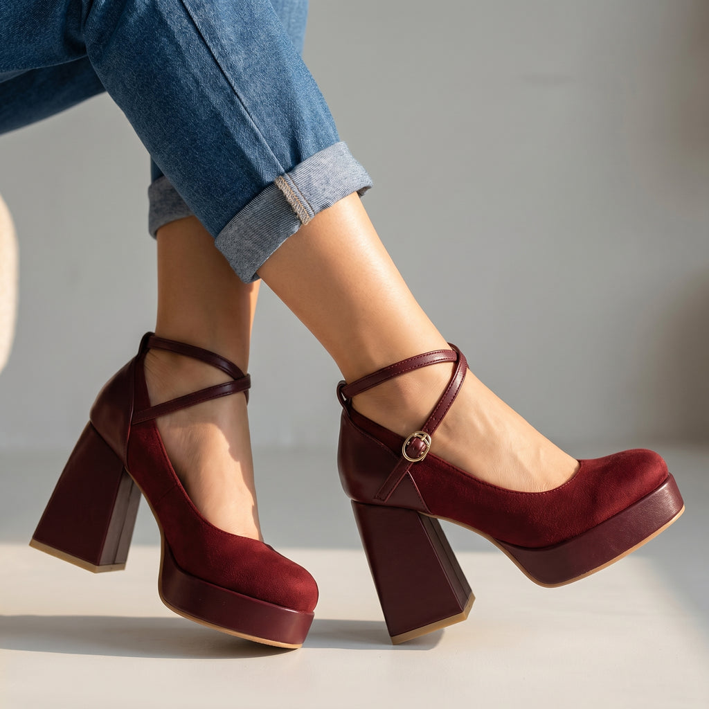 Velora Suede Strap Heels - Color:Wine Red;Size:35