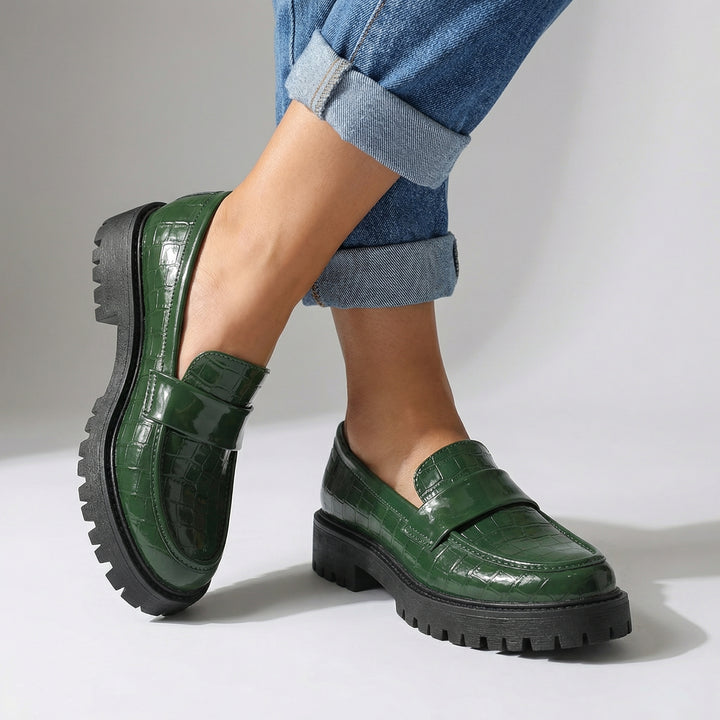Virello Gloss Croc-Emboss Loafers - Color:Green;Size:35