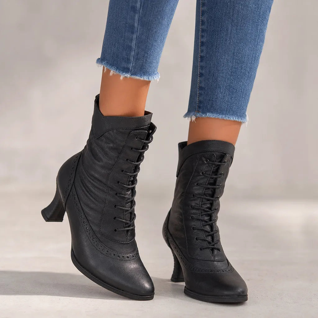 Vivienne | Women's Fall Brown Ankle Lace Boots - Color:Black;Size:35