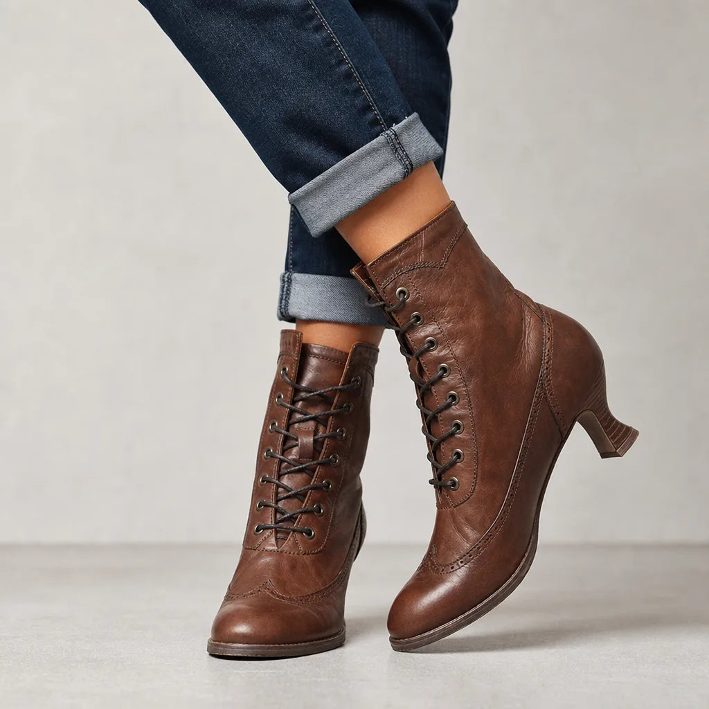 Vivienne | Women's Fall Brown Ankle Lace Boots - Color:Brown;Size:35