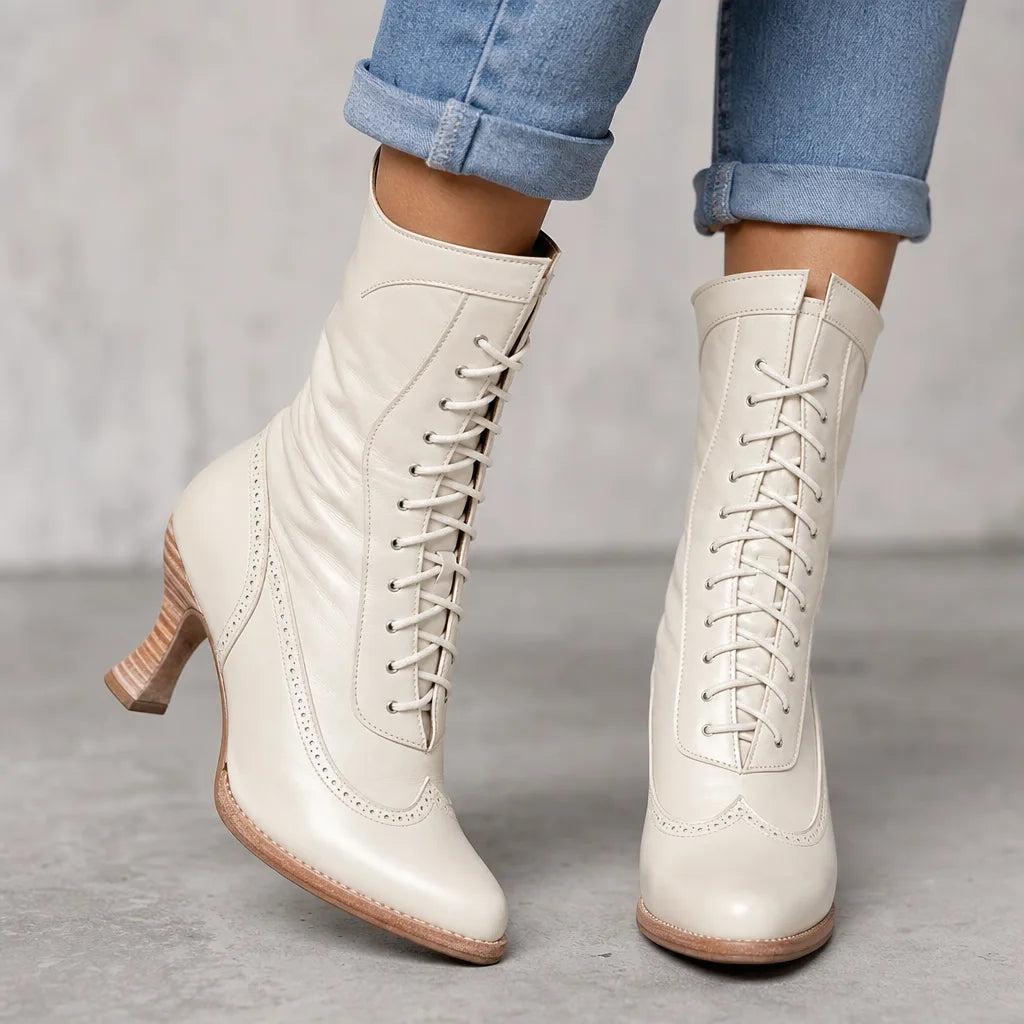 Vivienne | Women's Fall Brown Ankle Lace Boots - Color:White;Size:35