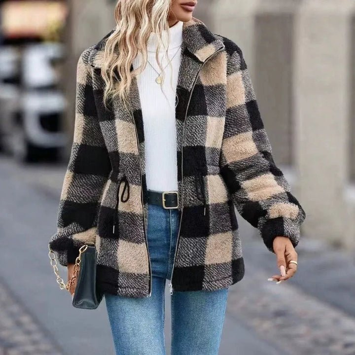 Whitney | Women's Cozy Flannel Cardigan Jacket - Color:Black & Beige;Size:XS