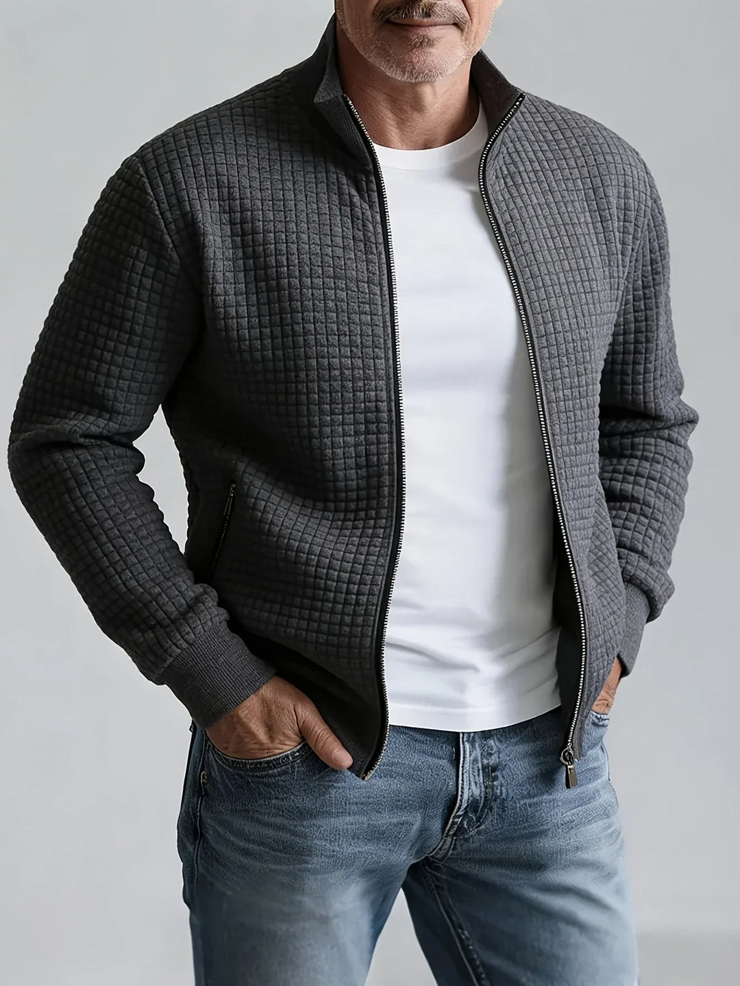 William | Men's Quilted Stand Collar Jacket - Color:Dark Gray;Size:S