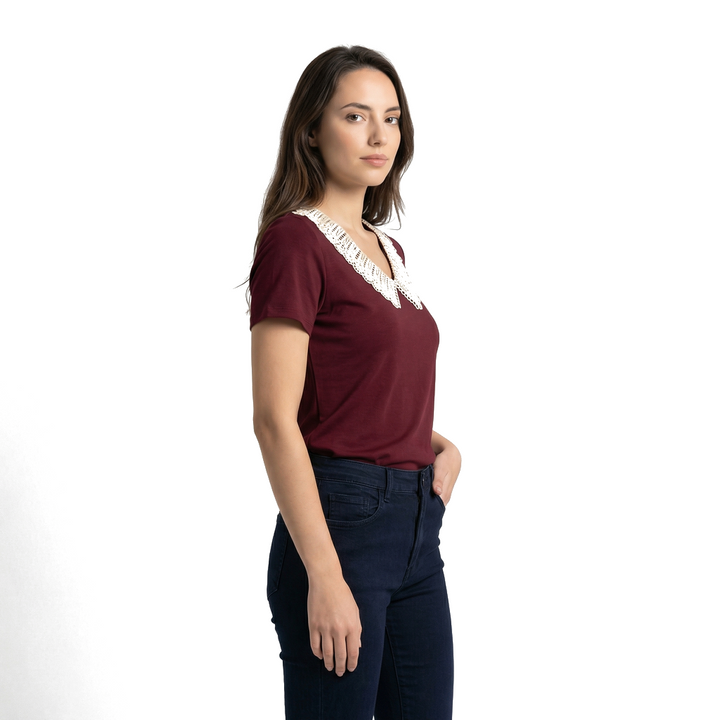 Wine Red Elara Lace Trim Top 3