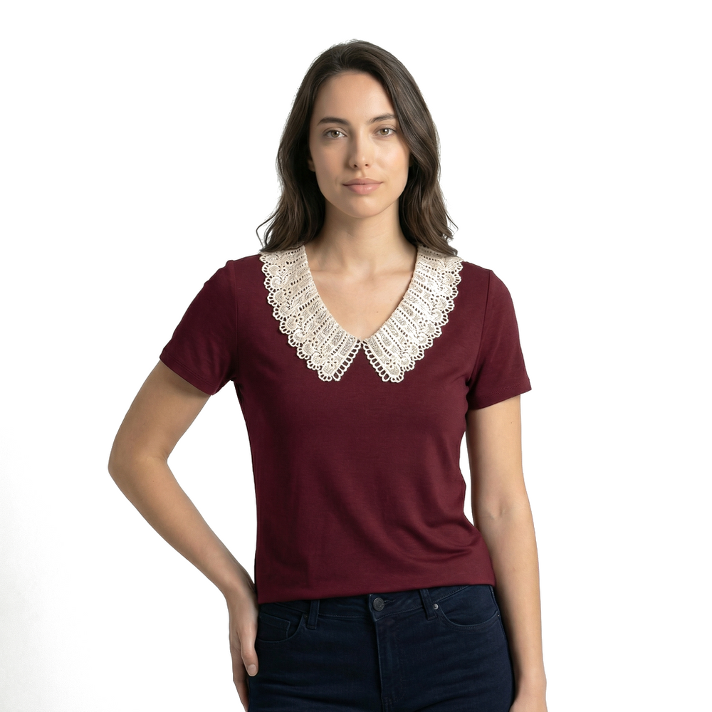 Wine Red Elara Lace Trim Top 1