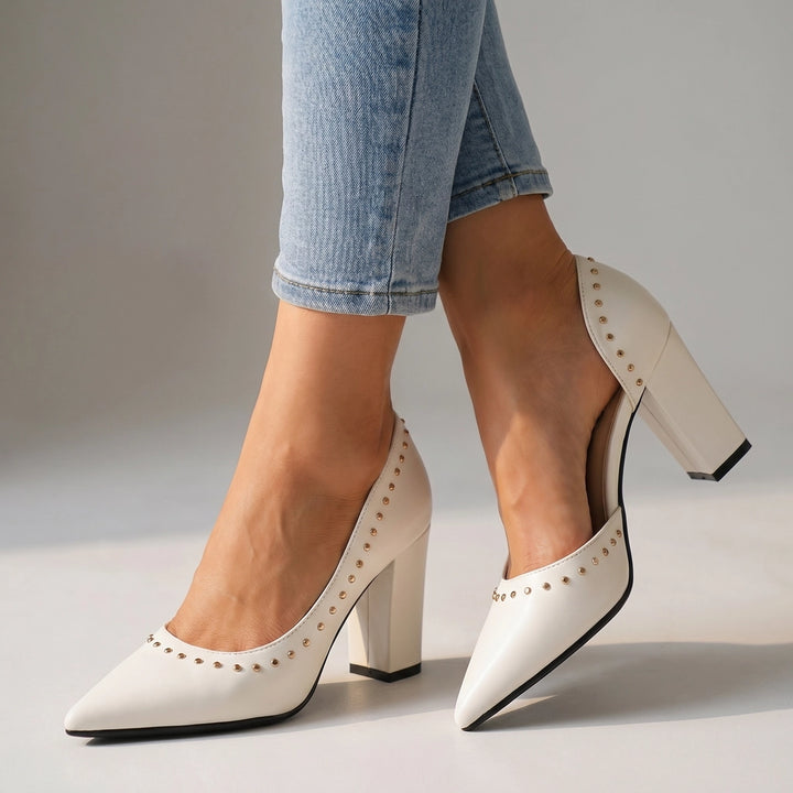Winnie Studded Pointed Pumps - Color:Off-white;Size:36