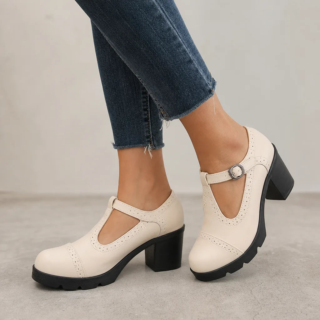 Woodward | Women's Orthopedic Block-Heel Mary Jane Shoes - Color:Beige;Size:35