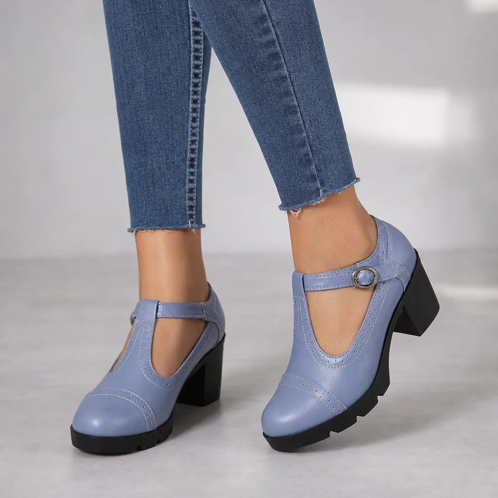 Woodward | Women's Orthopedic Block-Heel Mary Jane Shoes - Color:Blue;Size:35