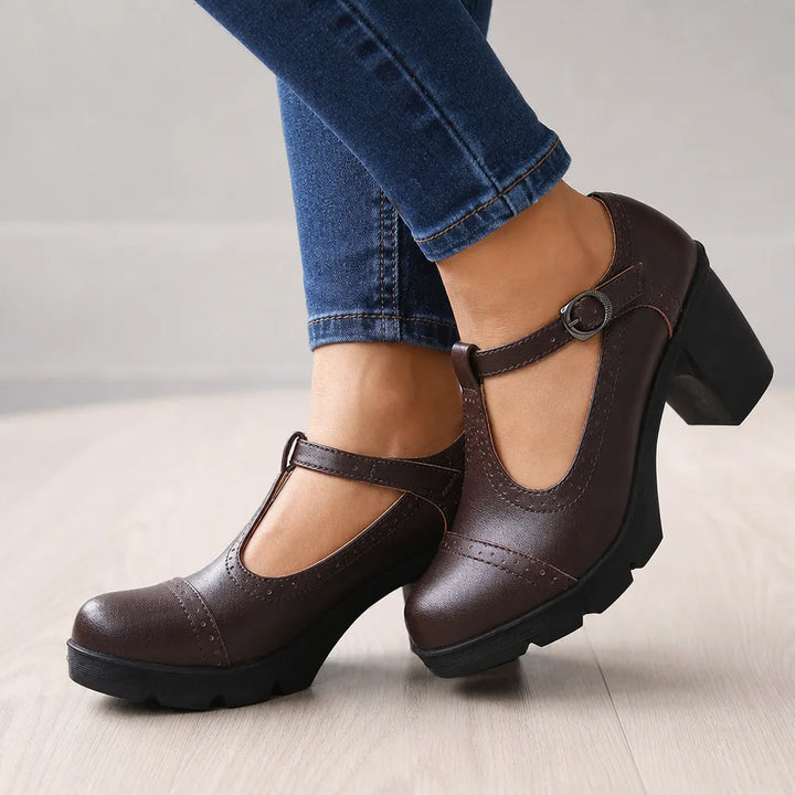 Woodward | Women's Orthopedic Block-Heel Mary Jane Shoes - Color:Dark Brown;Size:40