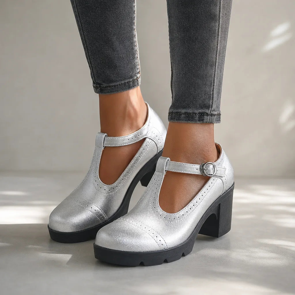 Woodward | Women's Orthopedic Block-Heel Mary Jane Shoes - Color:Gray;Size:35