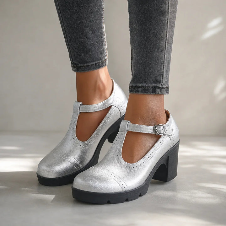 Woodward | Women's Orthopedic Block-Heel Mary Jane Shoes - Color:Gray;Size:35