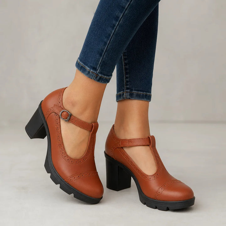 Woodward | Women's Orthopedic Block-Heel Mary Jane Shoes - Color:Light Brown;Size:35