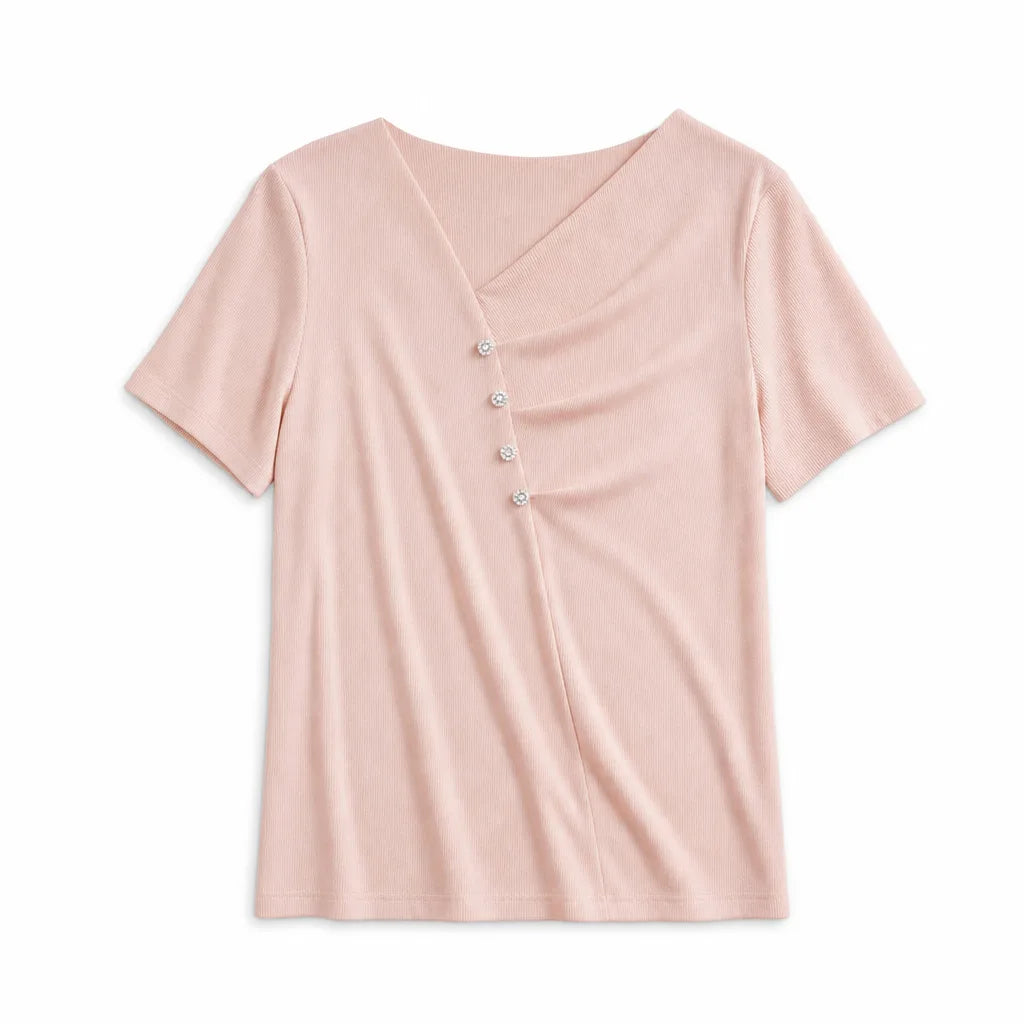 Zahraa V-Neck Tee - Color:Pink;Size:XS