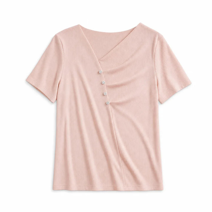 Zahraa V-Neck Tee - Color:Pink;Size:XS
