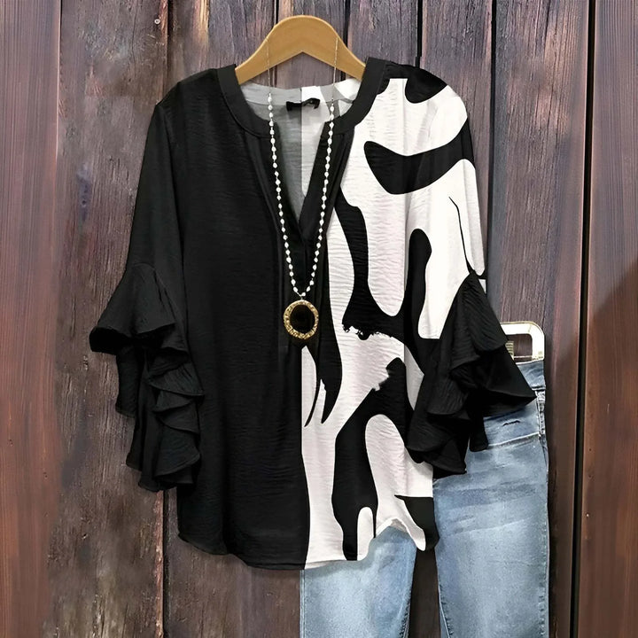 Zoya | Women's Floral V-Neck Ruffle-Sleeve Blouse - Size:XXS;Color:Black