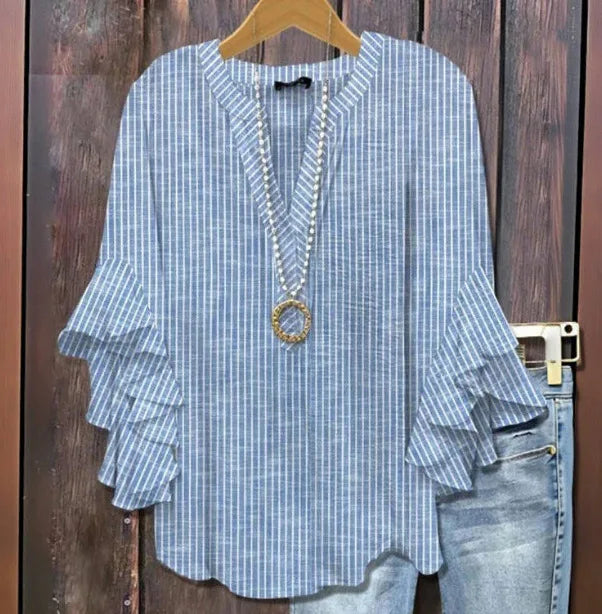 Zoya | Women's Floral V-Neck Ruffle-Sleeve Blouse - Size:XXS;Color:Blue
