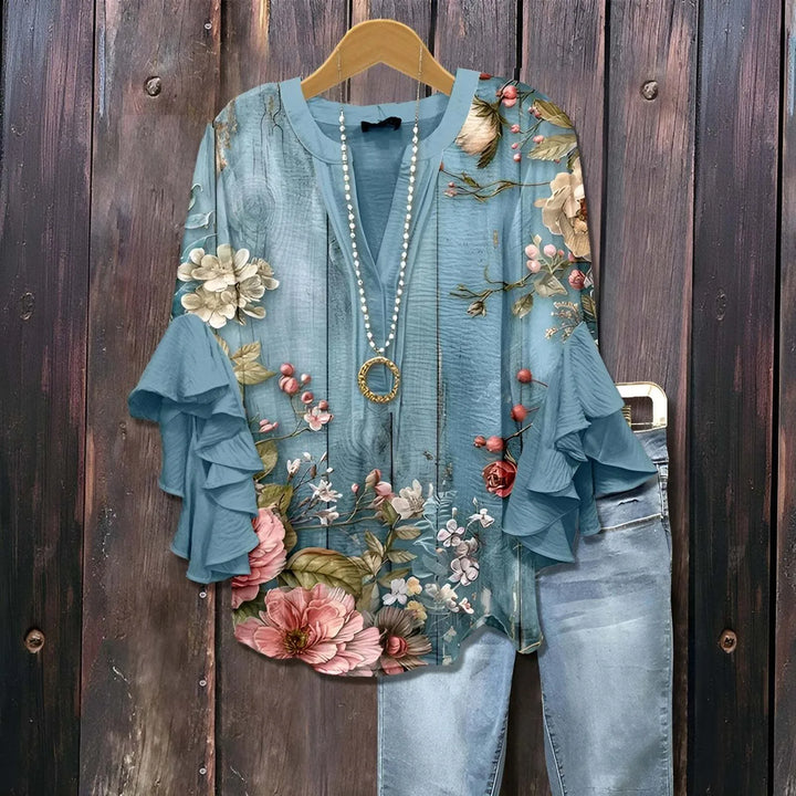 Zoya | Women's Floral V-Neck Ruffle-Sleeve Blouse - Size:XXS;Color:Blue Gray