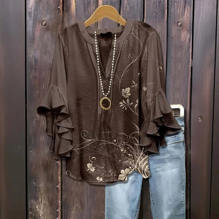 Zoya | Women's Floral V-Neck Ruffle-Sleeve Blouse - Size:XXS;Color:Brown