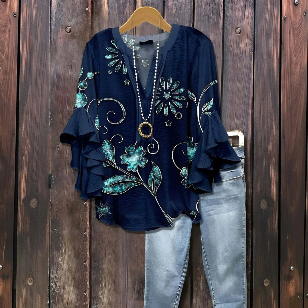 Zoya | Women's Floral V-Neck Ruffle-Sleeve Blouse - Size:XXS;Color:Dark Blue