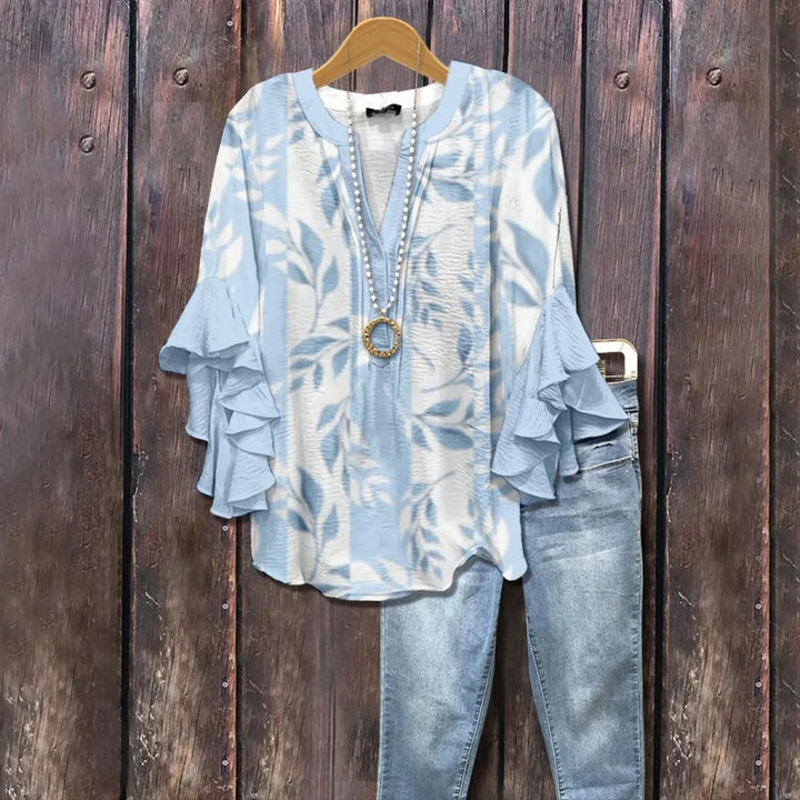 Zoya | Women's Floral V-Neck Ruffle-Sleeve Blouse - Size:XXS;Color:Light Blue