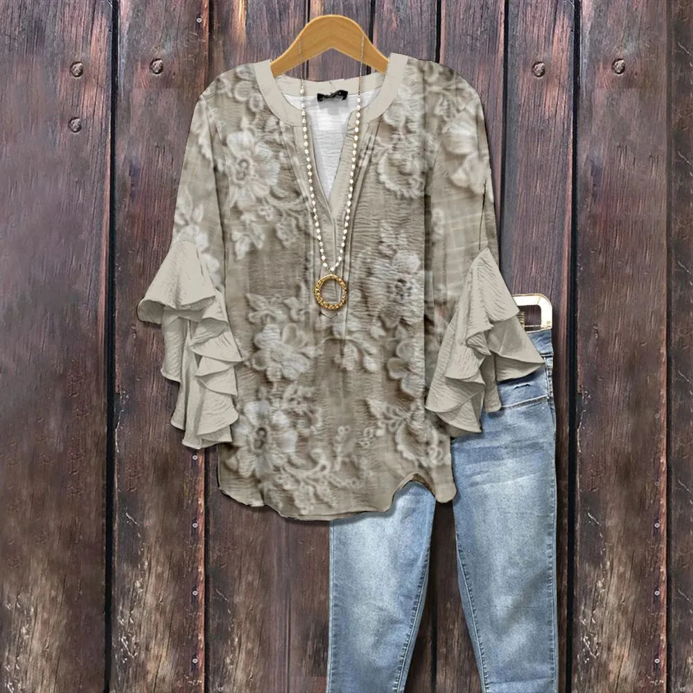 Zoya | Women's Floral V-Neck Ruffle-Sleeve Blouse - Size:XXS;Color:Light Brown