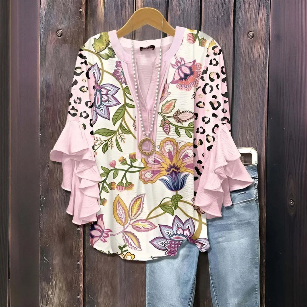 Zoya | Women's Floral V-Neck Ruffle-Sleeve Blouse - Size:XXS;Color:Pink