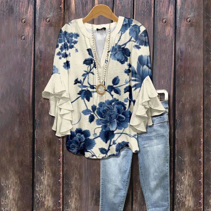 Zoya | Women's Floral V-Neck Ruffle-Sleeve Blouse - Size:XXS;Color:White